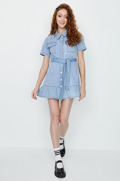 Select Moda Rochie de damă, albastră, cu nasturi în față, din denim cu volane