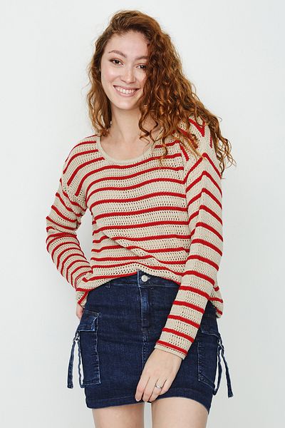 Select Moda Women's Red Color Blocked Knitted Sweater