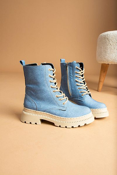 Pazzyonez Κοντές γυναικείες μπότες Lisa Denim Blue Lace Up με φερμουάρ στο πλάι