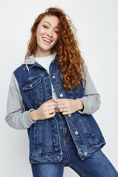 Select Moda Jachetă de blugi supradimensionată din bumbac pieptănat cu mâneci cu glugă albastră