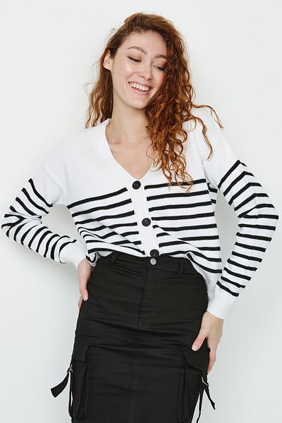 Select Moda Women's White Striped Button Detailed Knitwear Cardigan