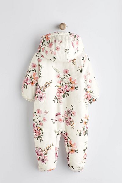 Next Baby Cream Corded Floral Fleece Lined Hooded Astronaut Jumpsuit