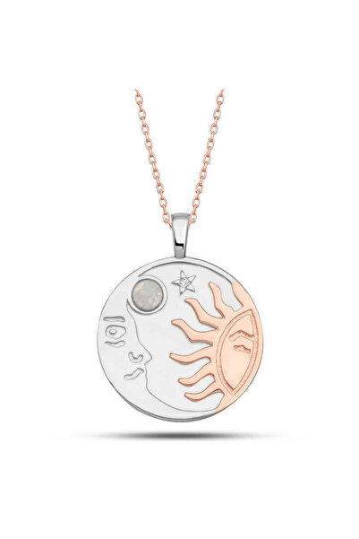 Gumush Gümüş Rose Opal Beyaz Taşlı Ay Güneş Kadın Kolye