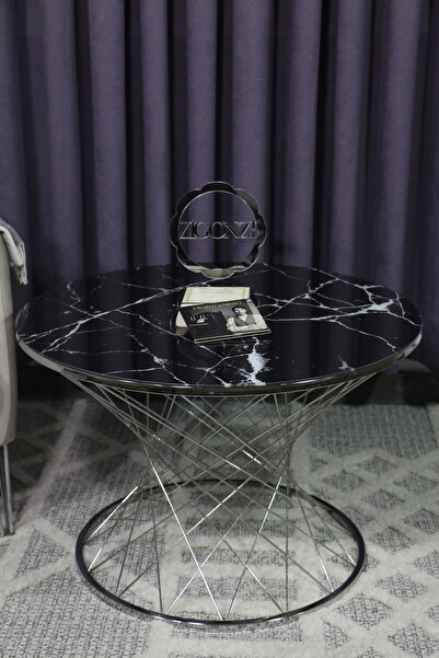 Zigonzi Siyah mermer desenli, gümüş metal ayaklı hasır, pota model orta sehpa