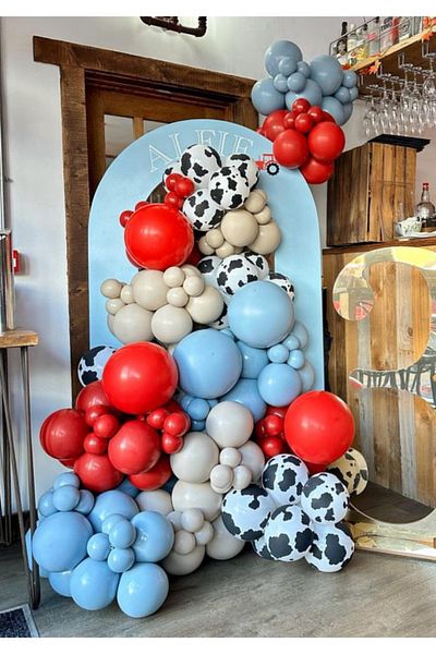 Çemrek Süs Parti Red Storm Blue Cow Patterned Farm Concept Balloon Chain 60 Balloon