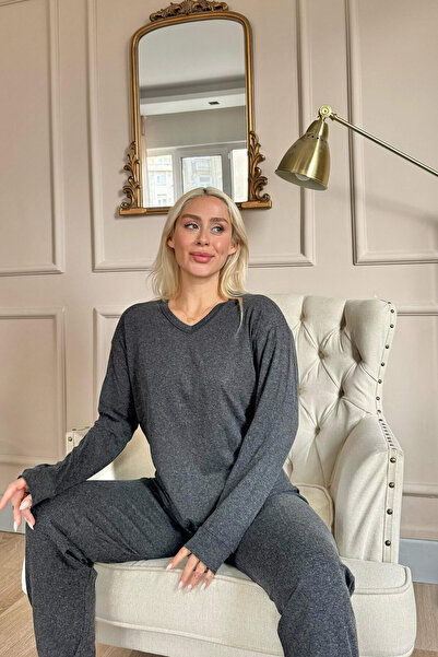 Pijamaevi Siyah Bambu Uzun Kol Kadın Pijama Takımı