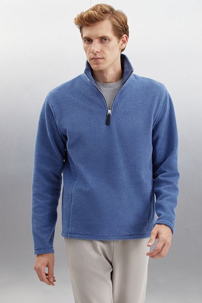 GRIMELANGE Pánský fleece Hayes Poloviční zip Silný texturovaný pohodlný střih Indigo Fleece s koženými doplňky