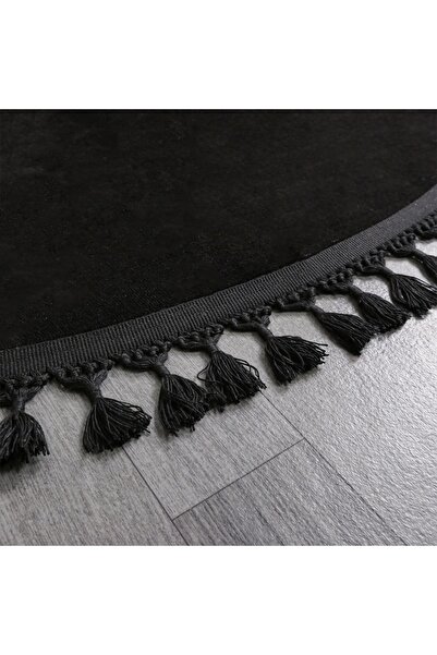 Valery Home Black Plush Carpet - Vl Round Comfort, Pompom Fringed