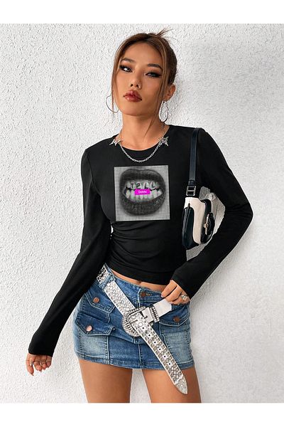 Bengi Clothing Μαύρη στάμπα - Μακρυμάνικη μπλούζα με ριμπ λαιμόκοψη