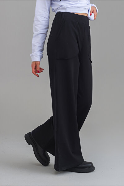 Bold & Young Women's Black Color Viscose Polyester Lycra Pocket Wide Leg Elastic Waist Pants