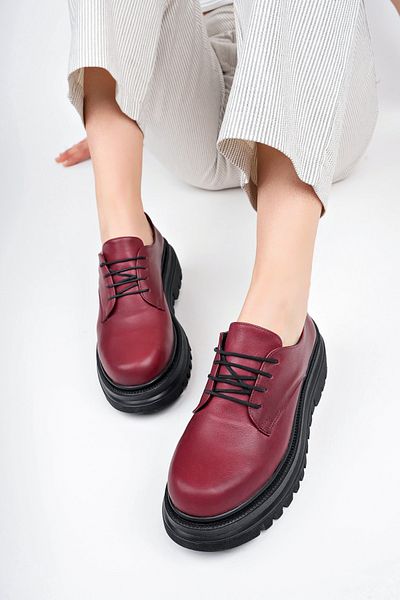 Deripabuc Genuine Leather Women's Burgundy Daily Thick Sole Leather Loafer Shoes Trc- 216674