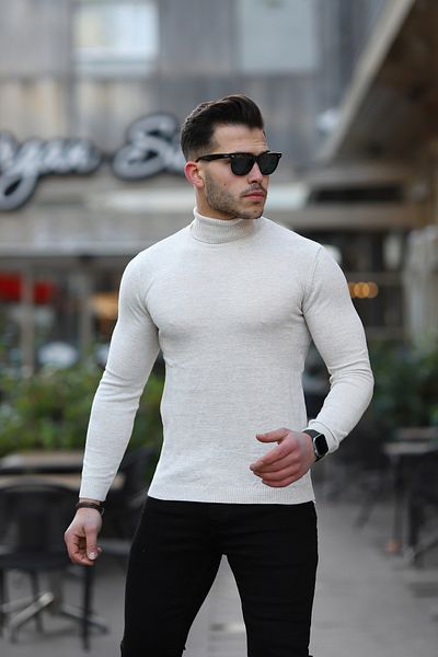 Ser Joven Men's Beige Slim Fit Full Turtleneck Knitwear Sweater