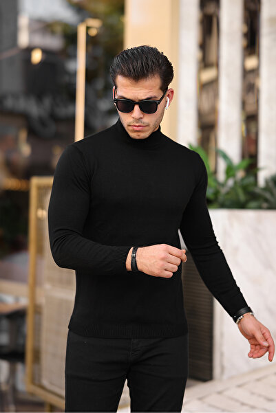 Ser Joven Чоловічий чорний светр з напівкоміром та облягаючим кроєм
