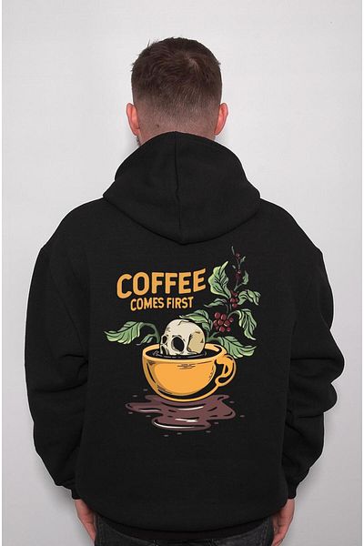 BIGROON Hanorac cu glugă unisex - Hanorac Coffe Comes First Skull Skull