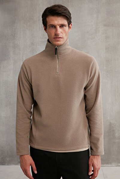 GRIMELANGE Hayes Мъжко руно с половин цип, плътна текстура, комфортно прилягане, руно от норка с кожени аксесоари