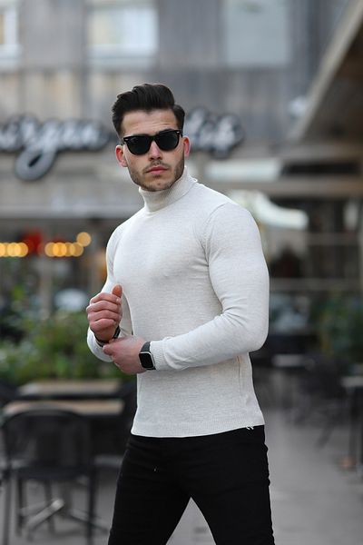 Ser Joven Men's Beige Slim Fit Full Turtleneck Knitwear Sweater
