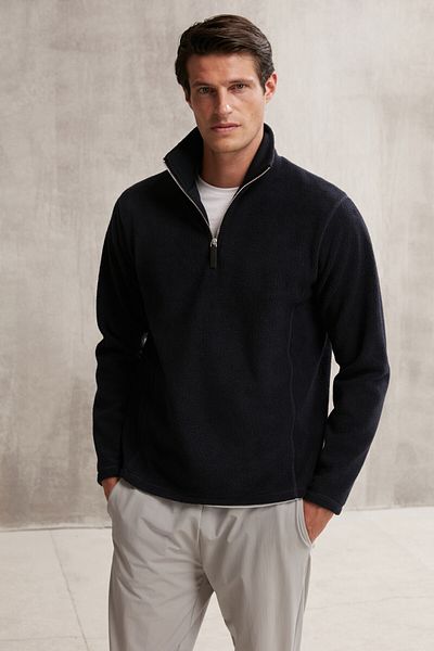 GRIMELANGE Hayes Herren-Fleece-Fleece mit halbem Reißverschluss, dicker Struktur, bequemer Passform, marineblaues Fleece mit Leder-Accessoires