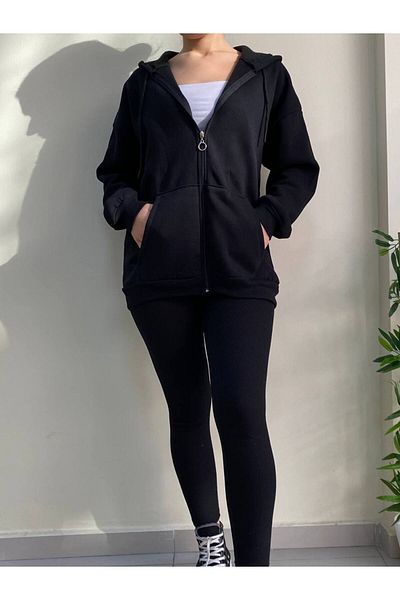 HARMONY GLOBAL Women's Black Oversize 3 Thread Ribbon Hooded Zipper Sweat