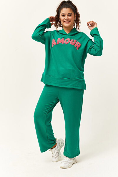 Ebsumu Σετ γυναικεία φόρμα με κουκούλα Amour Letter Green