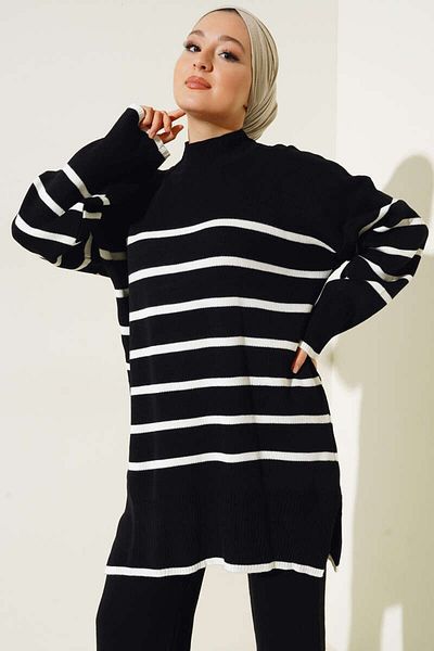 VEGAMOD Women's Hijab Thick Winter Horizontal Striped Casual Double Knitwear Set