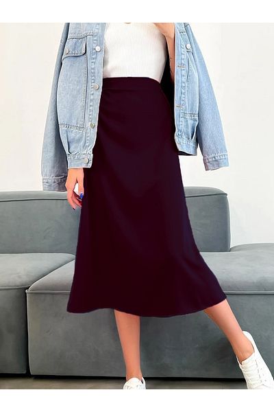 NSMLİFE Satin Navy Blue High Waist Midi Daily Skirt Suitable for Hijab Clothing