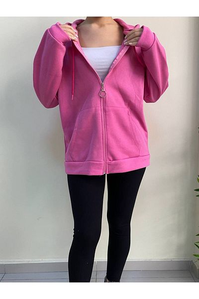 HARMONY GLOBAL Women's Pink Oversize 2 Thread Hooded Zipper Sweat