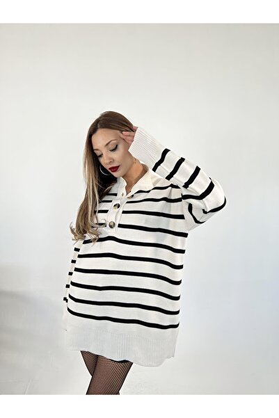 Secret Passion Lingerie New Season Button Detailed Striped Loose Knitwear Sweater FM-3835