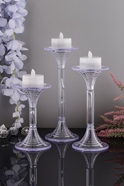 TR Turan Collection NOTTE 3'lü Şeffaf Şamdan, Polikarbon Dekoratif Mumluk