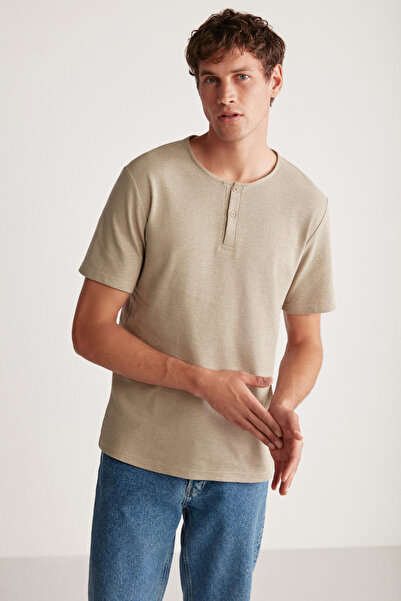 GRIMELANGE Harry Pánský límec Speciální Sukulentní Texturované Silné Tkaninové Tričko 100% Bavlna Khaki