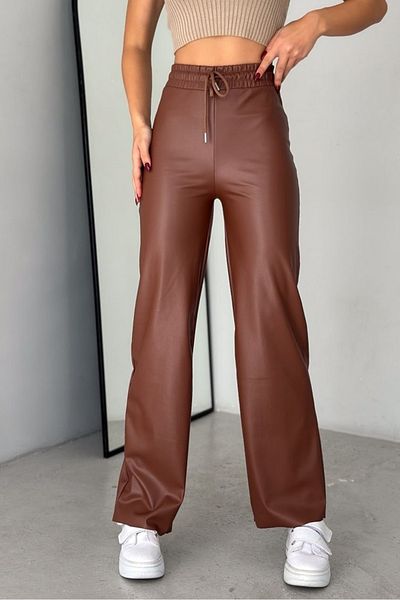 Siyah Kadın Tan High Lace Elastic Waist Raised Palazzo Leather Trousers