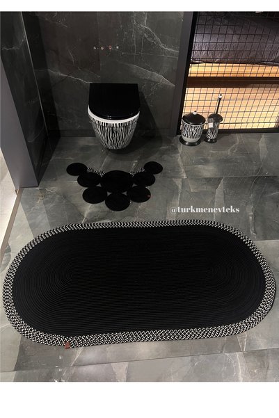 Türkmen Ev Tekstil Jute, Straw. Black Bath Mat, Toilet Seat Mat Set of 2