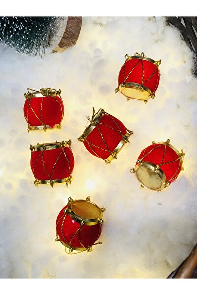 Derin Düşler New Year's Red Gold Pine Tree Ornament - Drum Snare, 4 Cm, Pack of 6