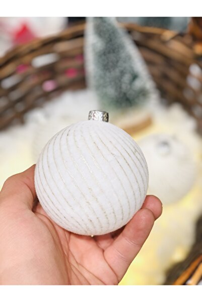 Derin Düşler Christmas White Rosegold Striped Pine Tree Ball - 8 Cm, Pack of 3