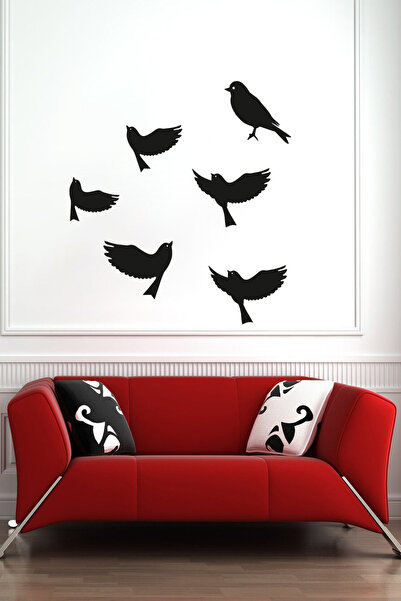 NED MDF LAZER DEKARASYON Siyah 6'lı Dekoratif Kuş Ahşap Tablo Lazer Kesim 3mm Duvar Dekorasyon Süsü (kendinden Yapışkanlı