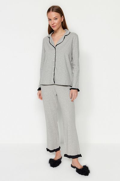 Trendyol Collection Gray Melange Ruffled Ribbed Shirt-Pants Knitted Pajamas Set Thmaw24Pt00007