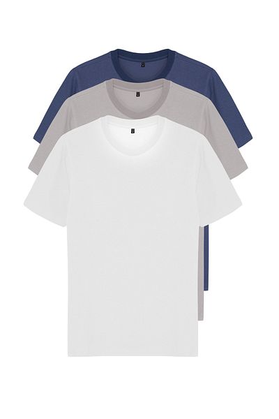 Trendyol Collection Šedá-Ecru-Indigo Slim/Narrow Cut Crew Neck Basic 100% bavlna Tričko 3 balení Tmnss19Bo0007