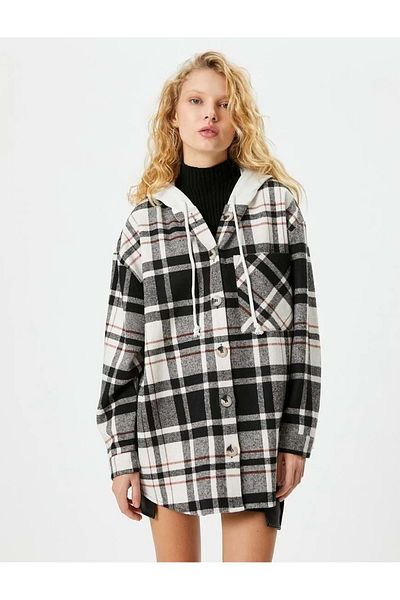 Koton Damenbekleidung Kariertes Holzfällerhemd 4WAL60051IW Schwarz Kariert