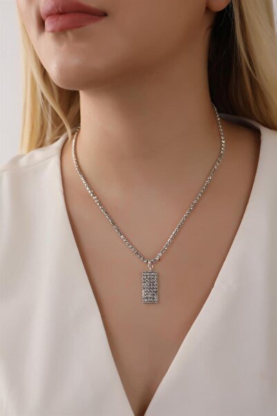 HUBANN Gümüş Renk Su Yolu Dikdörtgen Simgesi Kolye Dikdörtgen Kolye Taşlı Kolye