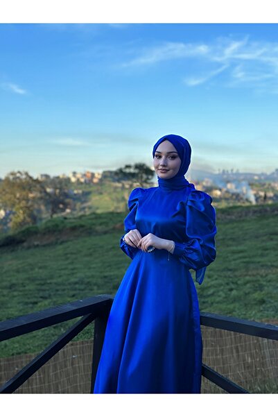 AKELDESİGN HELİS SAKS MAVİSİ TESETTÜR SATEN ABİYE