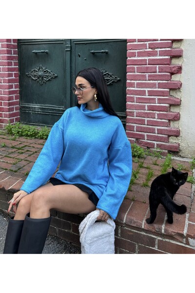 minaaise Blue Soft Oversize Turtleneck Knitwear Sweater 24309
