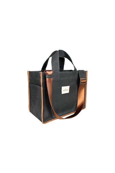 Atelier Bomonti Hishi Rj Tote Bag Anthracite Waxed Canvas Bag Brown Shoulder Strap