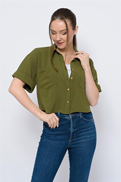 Nuseel قميص نسائي قصير من Aerobin باللون الكاكي