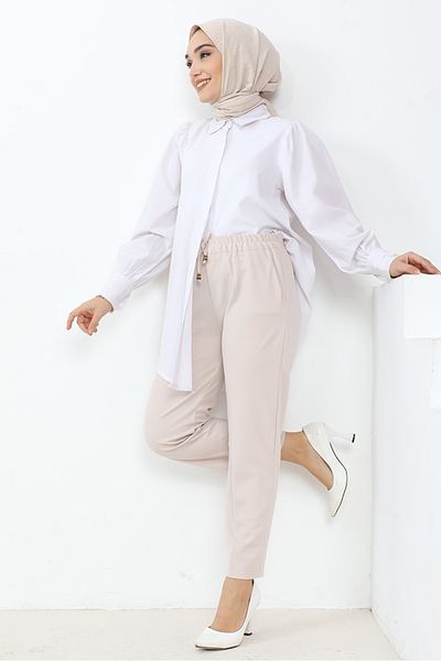 Bestenur Zülal Elastic Waist Pocket Trousers 651 - Beige