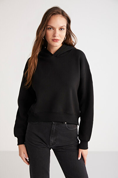 ETHIQUET Γυναικείο φούτερ Ayla Comfort Soft Fit με κουκούλα Crop μαύρο με φλις εσωτερικά