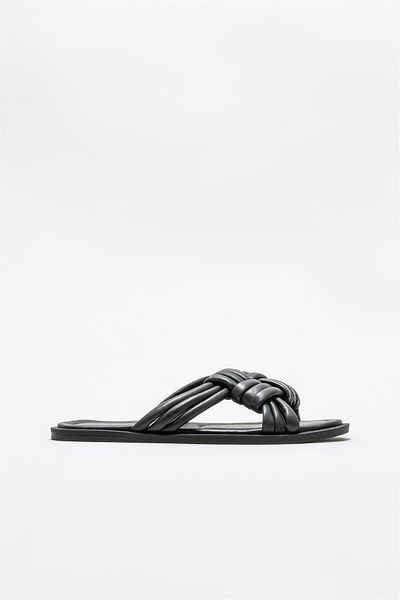 Elle Shoes Black Leather Women's Flat Slippers