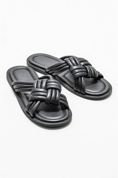 Elle Shoes Black Leather Women's Flat Slippers