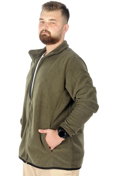 ModeXL Ανδρική ζακέτα Fleece - Plus Size, Φερμουάρ, Κολάρο, Χακί 22550