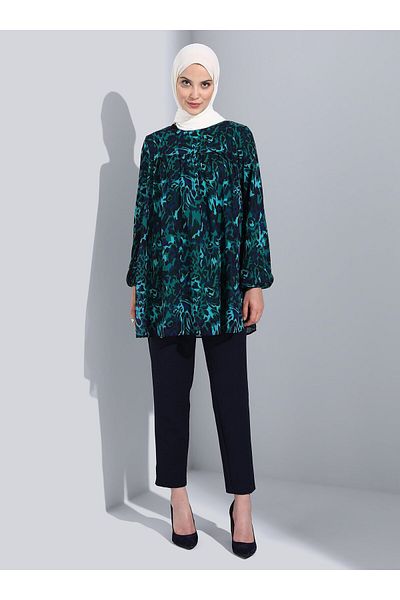 Refka Lined Sleeve Elastic Patterned Chiffon Tunic - Green Navy Blue Leopard Pattern - Refka Woman