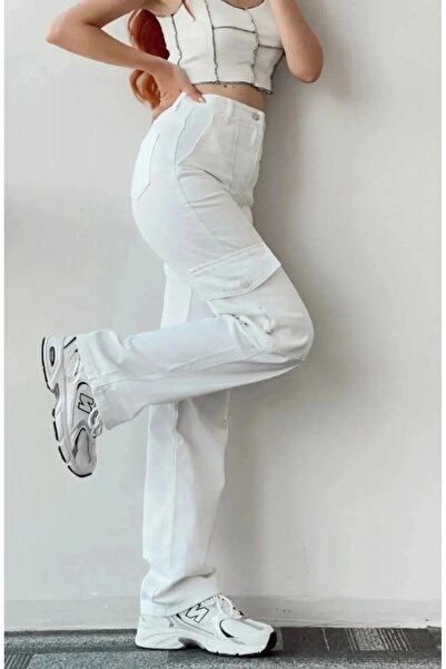 LİMABEL Blugi albi cu buzunar cargo cu talie înaltă Blugi cargo cu mai multe buzunare pentru femei