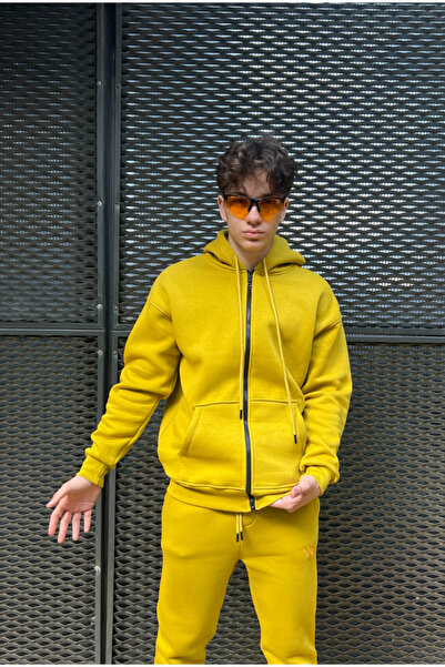 serline Basic Yağ Yeşili Oversize Zip Hoodie